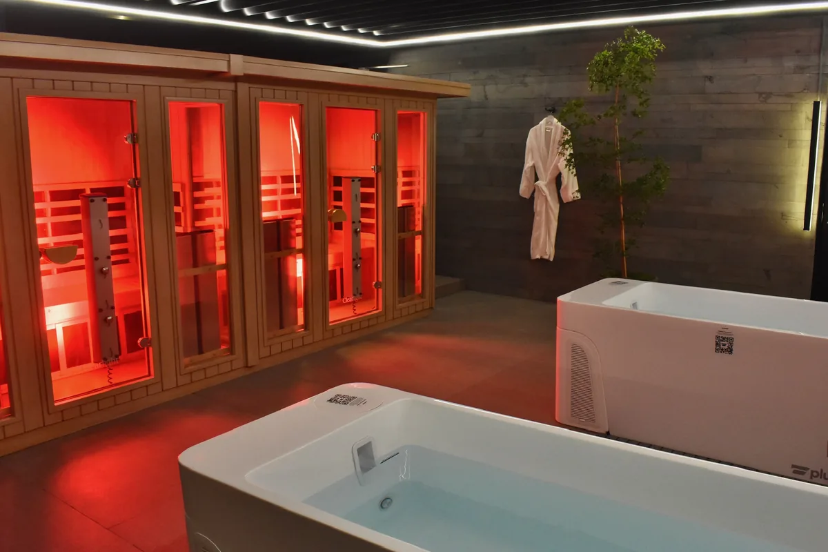 Infrared sauna room with cold plunge tubs at Bluprint Wellness, Solana Beach