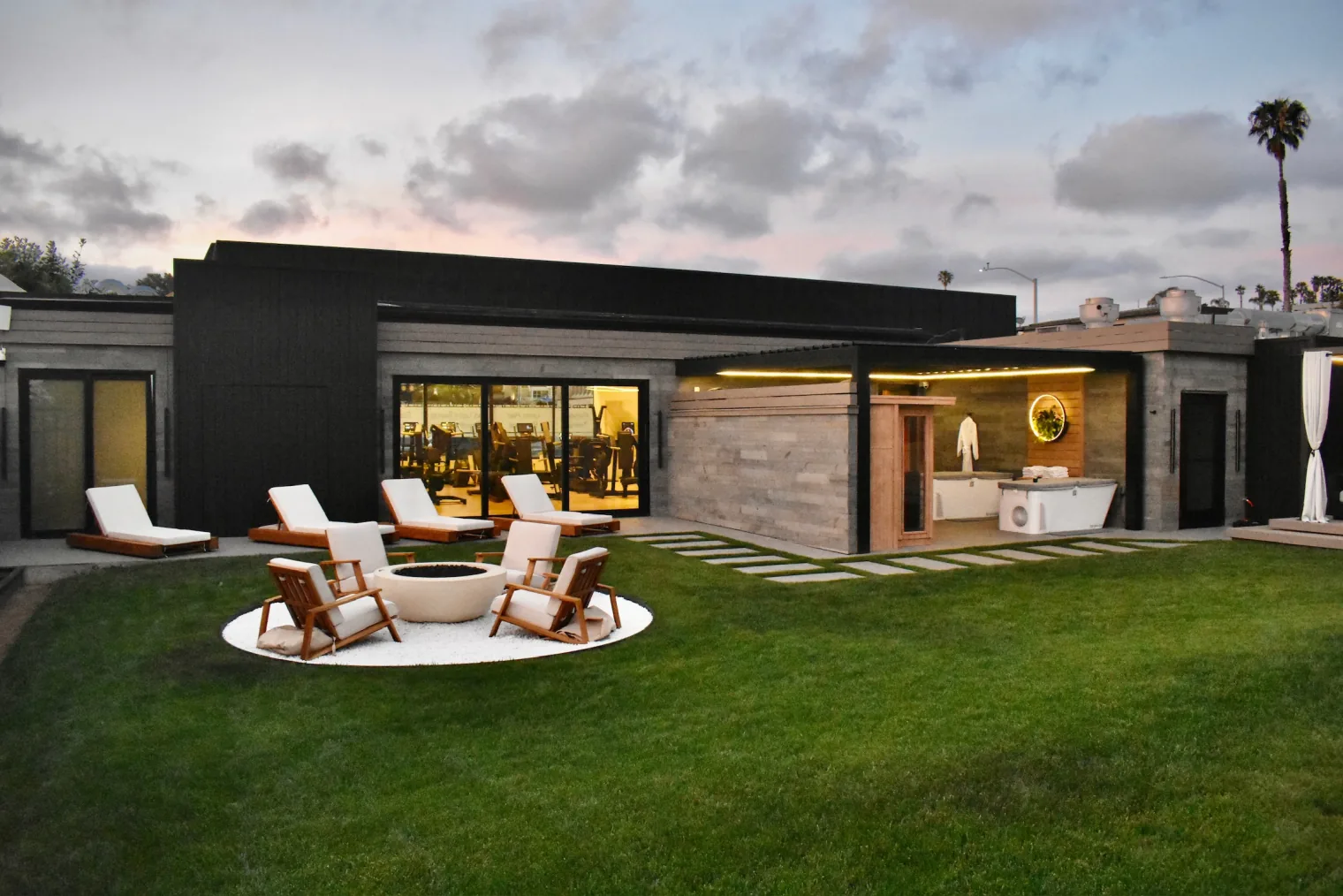 Bluprint Wellness outdoor recovery patio at dusk, Solana Beach